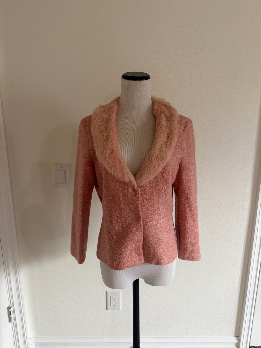 Vintage Laundry By Shelli Segal Blush Pink Faux-Fur Collar Blazer 1995! XS